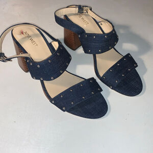Women's Nine West Blue Denim Studded Block Heel Sandals Size 10